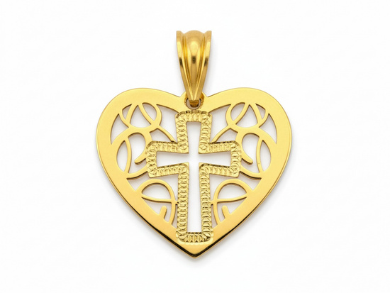 Zawieszka złota ażurowe serce z krzyżykiem medalik