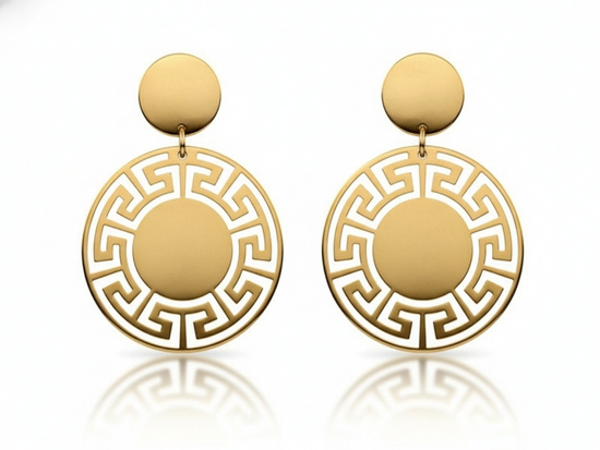 Kolczyki złote wiszące okrągłe z modnym greckim wzorem