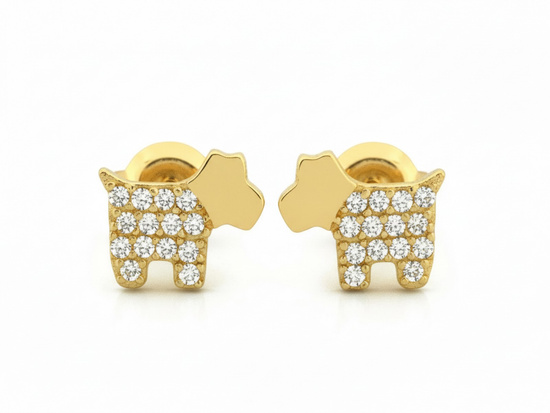 Kolczyki złote na sztyfcie piesek z cyrkoniami