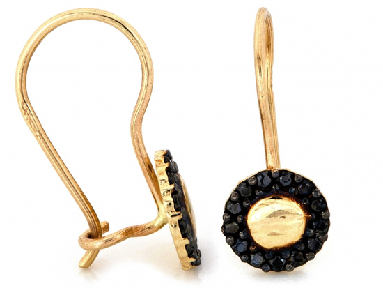 Kolczyki złote na biglu okrągłe z czarnymi cyrkoniami