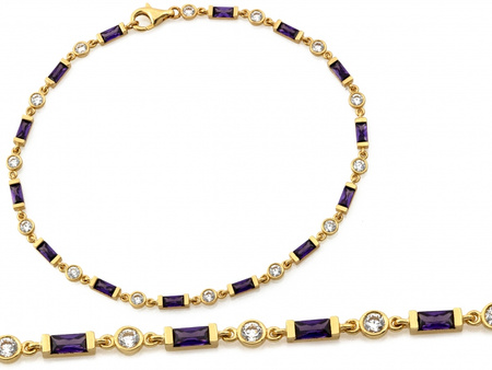 Złota delikatna bransoletka z fioletowymi prostokątnymi kamieniami