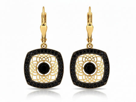 Kolczyki złote wiszące kwadratowe z czarnymi cyrkoniami i rodem