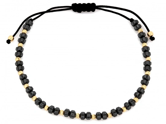 Bransoletka złota z kulkami i hematytami czarna sznurkowa
