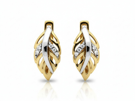 Kolczyki złote z liściem z cyrkoniami