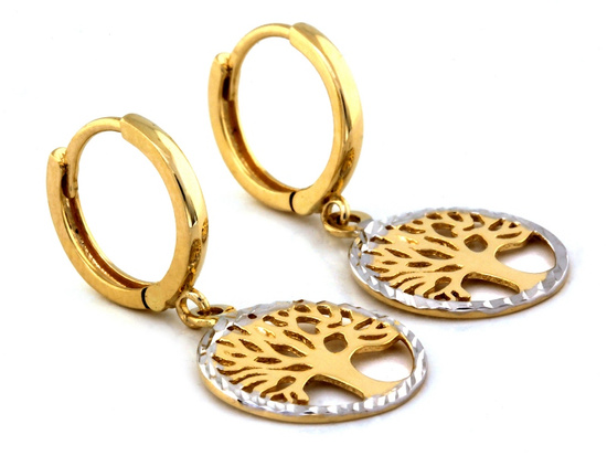 Kolczyki złote wiszące z drzewkiem szczęścia