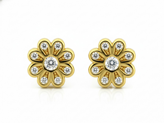 Kolczyki złote kwiatek z cyrkoniami na sztyfcie