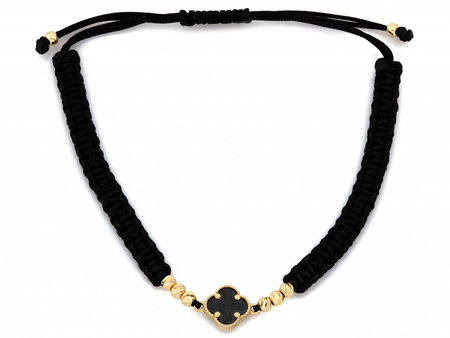 Bransoletka złota modny kwiatek i złote kulki na czarnym sznurku