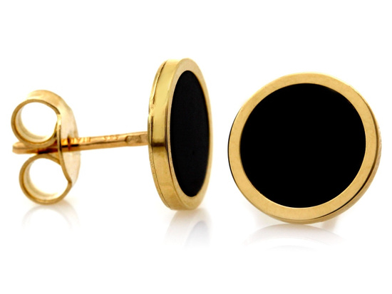 Złote kolczyki okrągłe na sztyfcie z czarnym kamieniem