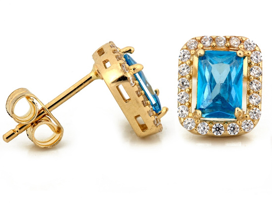 Kolczyki złote prostokątne z niebieskim oczkiem