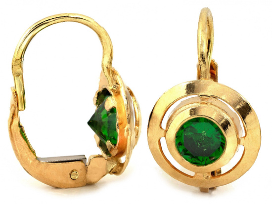 Kolczyki złote angielskie z zielonymi cyrkoniami