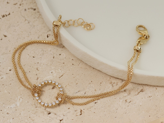 Złota bransoletka podwójny łańcuszek obręcz z cyrkoniami