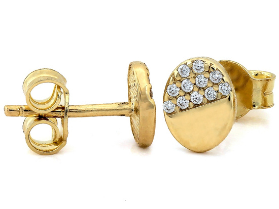 Złote kolczyki delikatne owalne na sztyfcie zdobione cyrkoniami