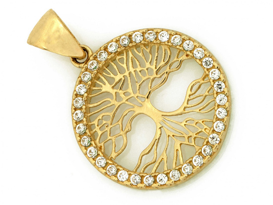 Zawieszka złota ażurowa z drzewkiem szczęścia z zielonymi cyrkoniami