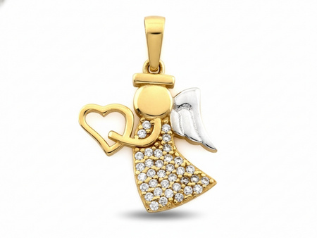 Zawieszka złota dwukolorowy aniołek z cyrkoniami