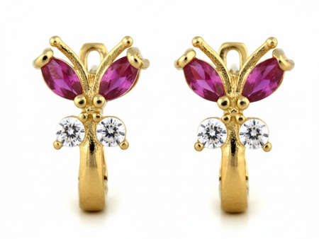 Kolczyki złote angielskie motylki z czerwonymi cyrkoniami