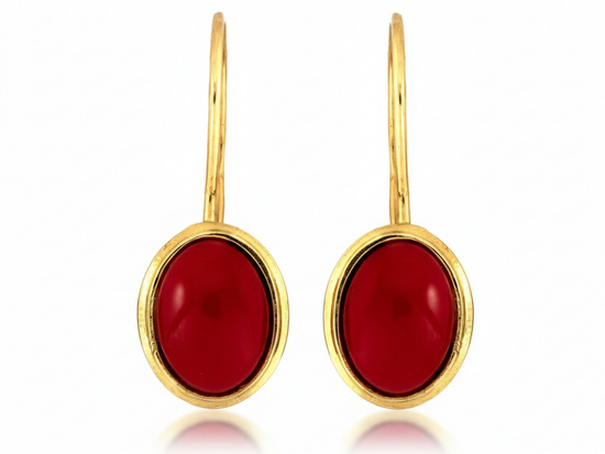 Kolczyki złote na biglu z owalnym koralem syntetycznym