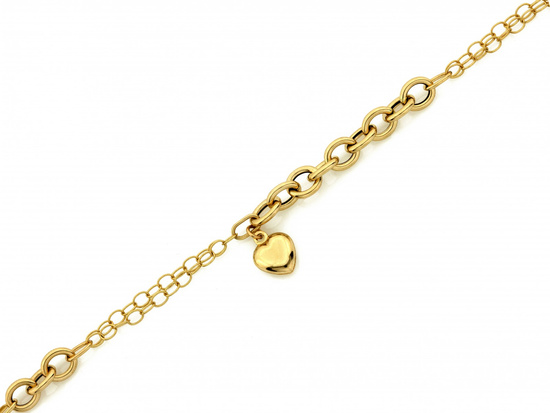 Złota bransoletka z łączonych różnych łańcuszków z wiszącym sercem