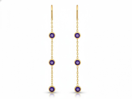 Złote kolczyki długie wiszące z fioletowymi cyrkoniami przeciągane