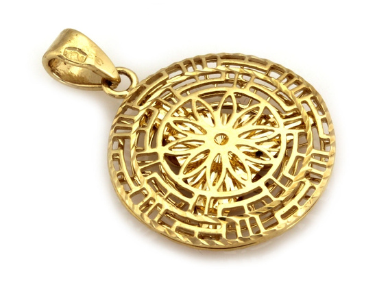 Złota zawieszka okrągła ażurowa kwiatek z białego złota