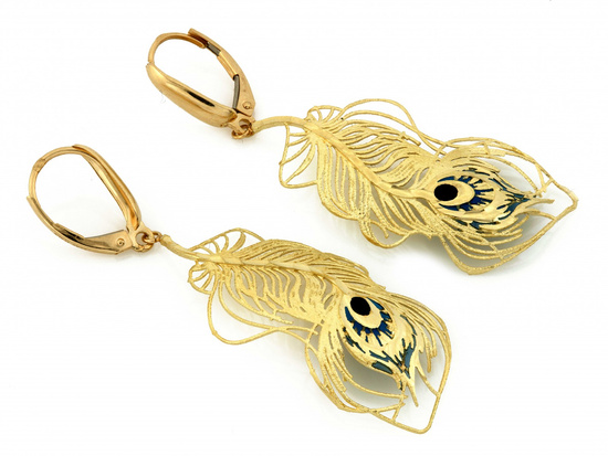 Kolczyki złote pawie pióra duże wiszące z emalią