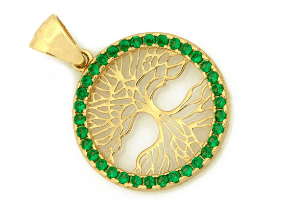 Zawieszka złota ażurowa z drzewkiem szczęścia z zielonymi cyrkoniami