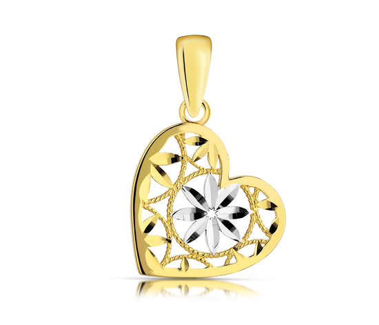 Złota zawieszka 585 - serce ażurowe, kwiaty