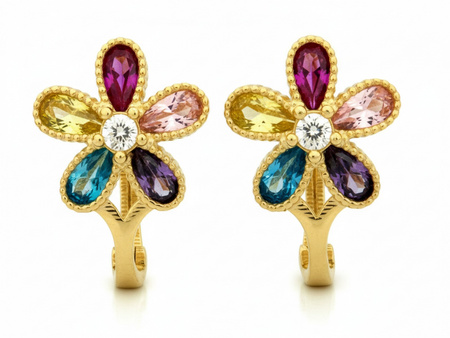 Kolczyki złote kolorowy kwiatek z cyrkoniami angielskie zapięcie