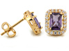 Kolczyki złote prostokątne z fioletowym kamieniem na sztyfcie