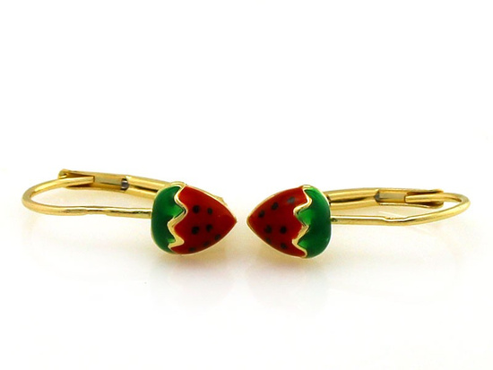 Kolczyki złote truskawki z kolorową emalią