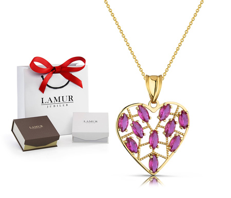 Złoty naszyjnik 585 - serce z rubinowymi cyrkoniami