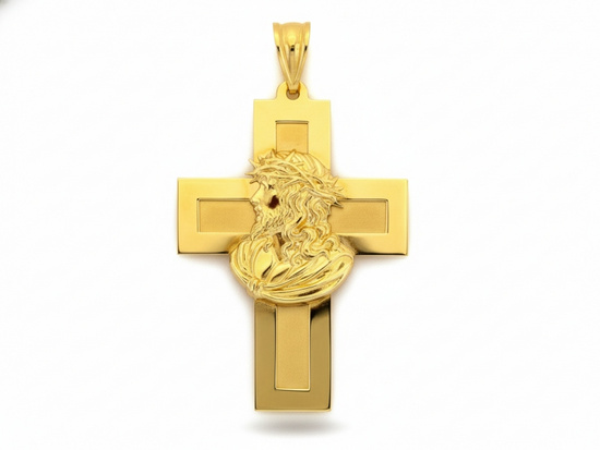Złota zawieszka krzyżyk Jezus w koronie cierniowej
