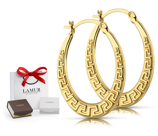 Złote kolczyki owalne koła 585 z greckim wzorem