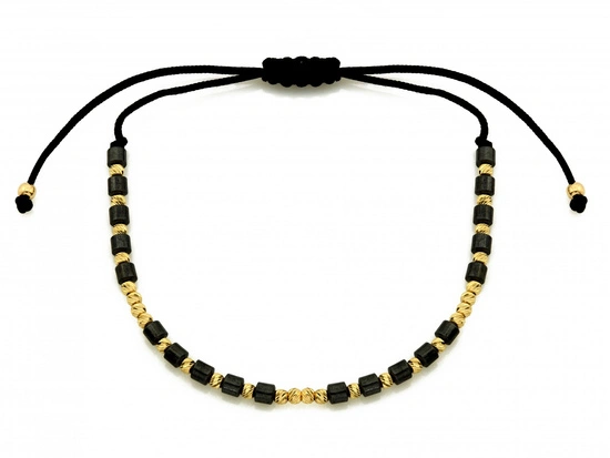 Bransoletka złote kulki i hematyty na czarnym sznurku