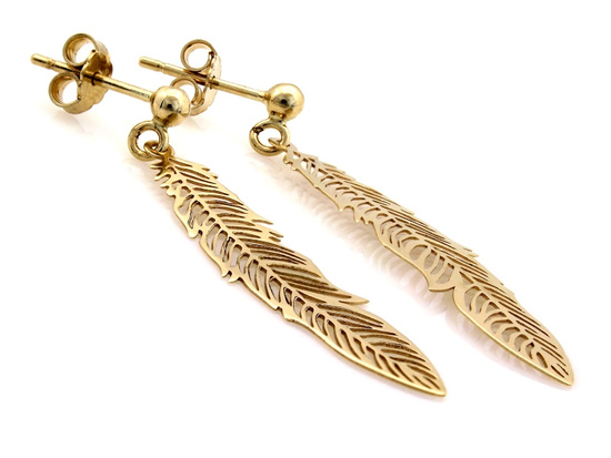 Kolczyki złote długie wiszące ażurowe pióra na sztyfcie
