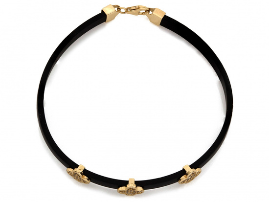 Bransoletka złota kwiatki z cyrkoniami na czarnym pasku