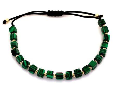 Bransoletka złota kulki i kostki z malachitów na czarnym sznurku