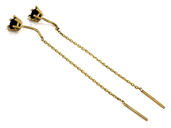 Kolczyki złote przeciągane z czarną cyrkonią