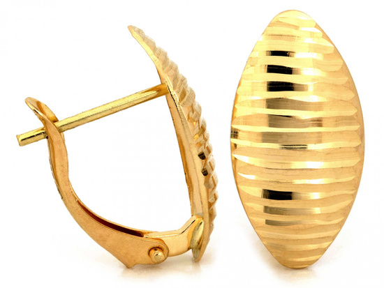 Złote kolczyki angielskie owalne blaszki frezowane