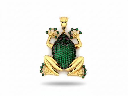 Zawieszka złota żaba z zielonymi i czarnymi kamieniami