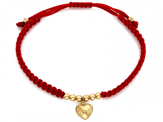 Bransoletka złota serce i kulki na czerwonym sznurku