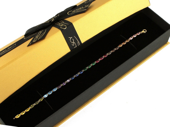 Złota bransoletka elementy z kolorowymi cyrkoniami