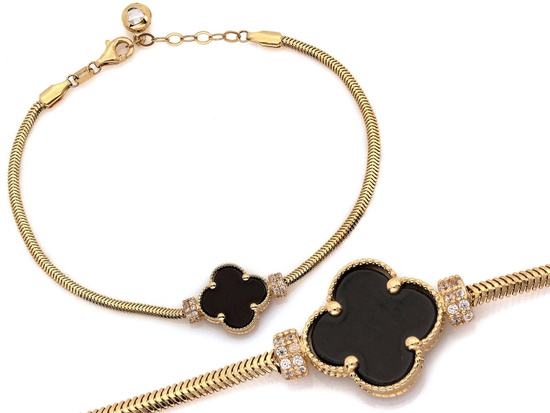 Bransoletka złota z cyrkoniami i czarnym onyksem z kwiatkiem