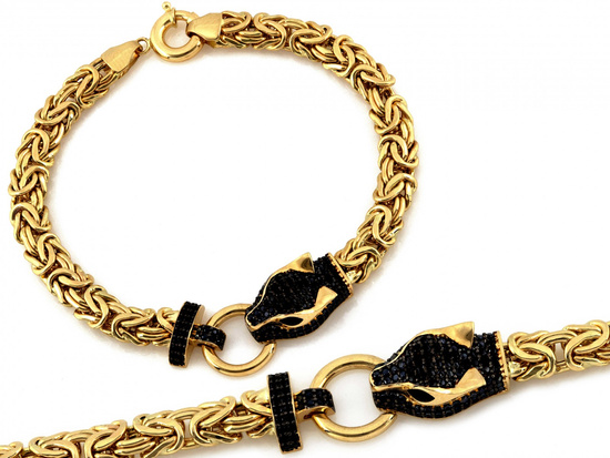 Bransoletka złota gruba okazała z głową pantery czarne kamienie