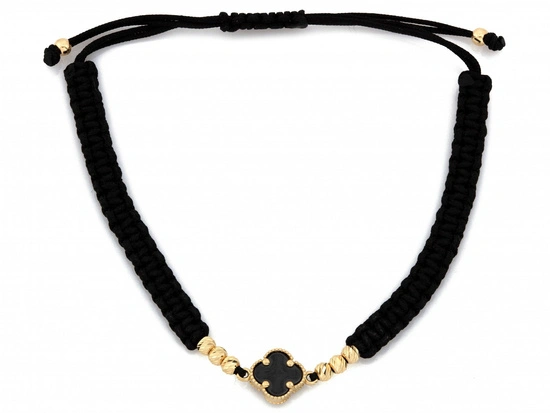 Bransoletka złota modny kwiatek i złote kulki na czarnym sznurku