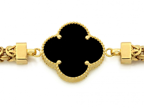 Złota bransoleta gruby splot królewski czarny kwiat z onyksem