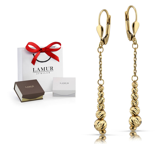 Złote kolczyki 585 diamentowane kuleczki - wiszące