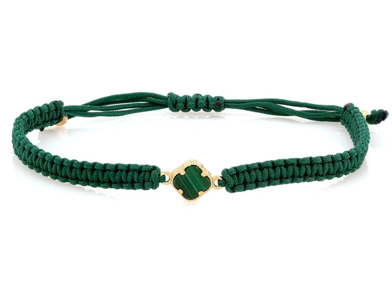 Bransoletka złota koniczynka marokańska z malachitem na zielonym sznurku