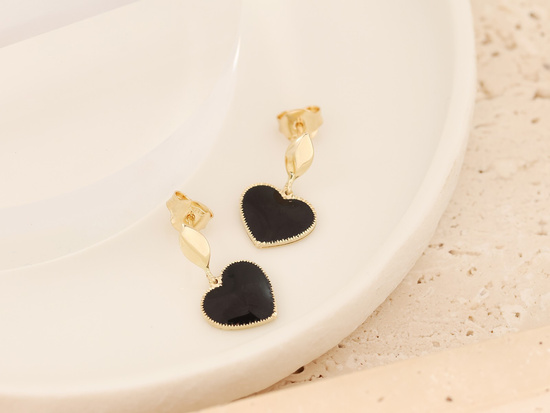 Kolczyki złote czarne wiszące serce na sztyfcie