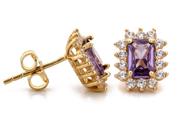 Kolczyki złote prostokątne na sztyfcie z ametystem syntetycznym