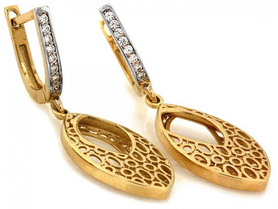 Kolczyki złote wiszące ażurowe z cyrkoniami z białym rodem